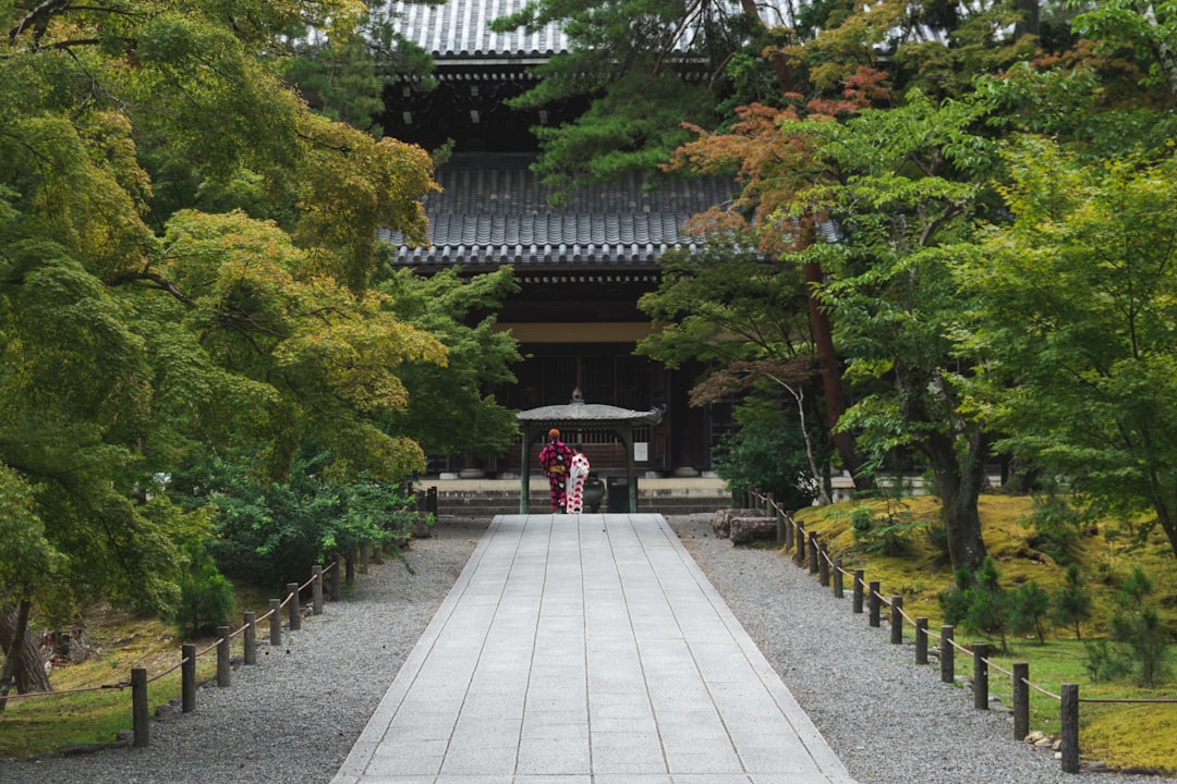 Traditional Japanese temple pathway surrounded by greenery